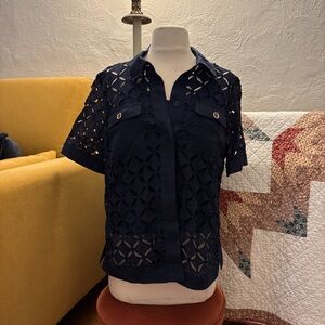 Etcetera Navy Blue Women's Button Down Lace Shirt
